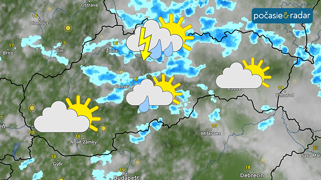 Mapa Slovenska s ikonami počasia, prehánky a búrky najmä na severe, inde polooblačno