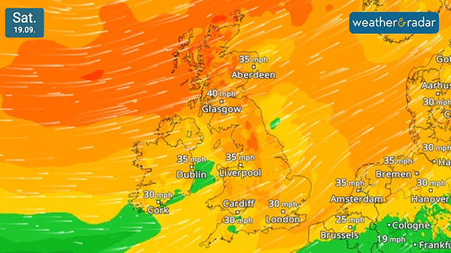 Wind forecast for Saturday 19.09 showing 40 mph winds near Glasgow, 35 mph around Aberdeen, Dublin and Liverpool, and 30 mph across southern Britain.