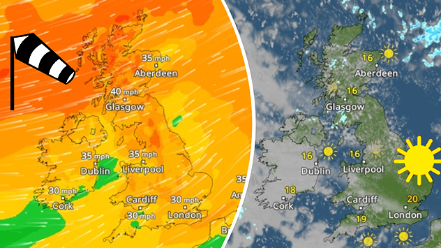 Split weather graphic showing strong Saturday winds up to 40 mph in Scotland beside a mostly dry and sunny Sunday across the UK and Ireland.
