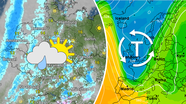 Geteilte Wettergrafik: Links eine Deutschlandkarte mit Schauern, Wolken und etwas Sonne bei Temperaturen um 13 bis 16 Grad. Rechts eine Europakarte mit einem Tiefdruckgebiet über Großbritannien, das mit Pfeilen kalte Luft aus Norden nach Mitteleuropa lenkt.