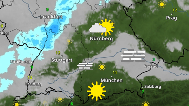 Wetterkarte mit Sonne, Nebel und Wolken über Süddeutschland. Unterschiedliche Wetterzustände zwischen München, Nürnberg und Stuttgart.