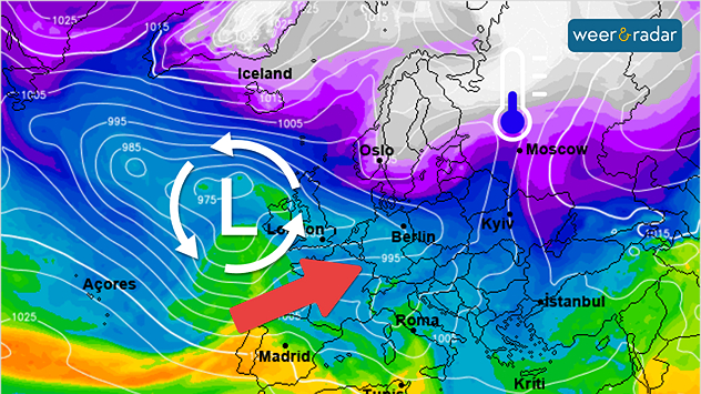 De weerkaart voor midden komende week toont een actief lagedrukgebied, dat vat op ons weer krijgt. De kou blijft echter heel dichtbij op de loer.