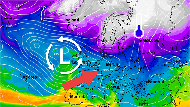 De weerkaart voor midden komende week toont een actief lagedrukgebied, dat vat op ons weer krijgt. De kou blijft echter heel dichtbij op de loer.