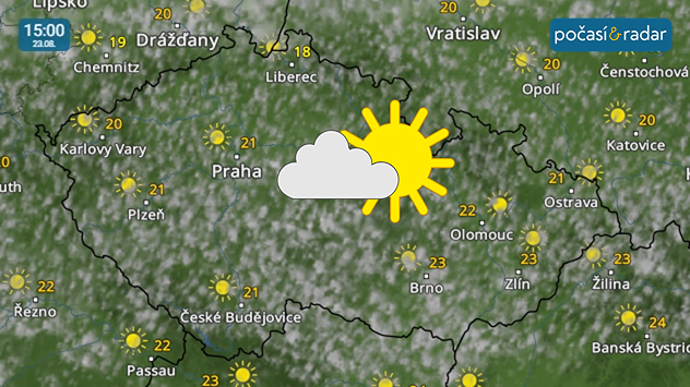 Meteoradar, screenshot, 23. 8. 15:00: Neděle k nám přinese většinou slunečné počasí s odpoledními teplotami většinou lehce přes 20 °C.