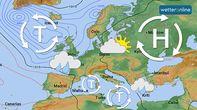 Europäische Wetterkarte mit Tiefdruckgebieten, Hochdruckzone und Wolken-/Regensymbolen. Mitteleuropa teils freundlich, im Westen und Süden wechselhaft.