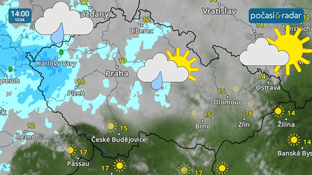 Meteoradar, screenshot, 12. dubna 14:00: Sluneční svit se v neděli více prosadí hlavně na jihu a východě území, jinde bude panovat spíše velká oblačnost, v Čechách se místy přidá i déšť.