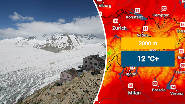 On the left is a webcam image of the Aletsch Glacier; on the right is the temperature radar, which shows the heat distribution in the Alps.