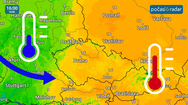 Teplotní radar, střední Evropa, screenshot, 14. 3., 16:00: O víkendu se bude nad střední Evropou od západu ochlazovat.
