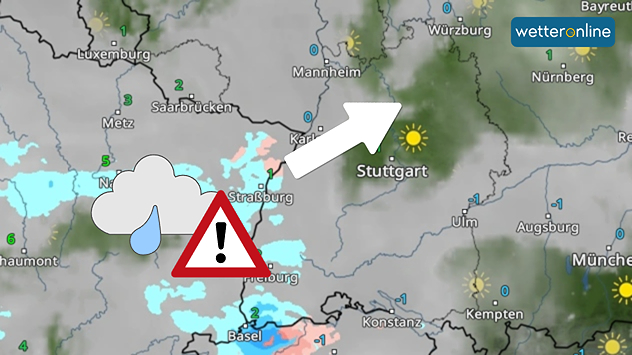 Gefrierender Sprühregen greift von Frankreich her auf Deutschland über.