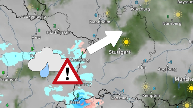 Gefrierender Sprühregen greift von Frankreich her auf Deutschland über.