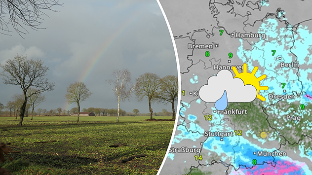 Geteilte Grafik: links Blick über einen Garten mit Regenbogen am 23. Februar 2026 in Wiefelstede, rechts eine WetterRadar-Karte mit Sonne-Wolken-Regen-Symbol.