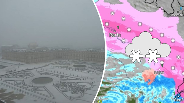 Schneefall am Schloss von Versailles und WetterRadar-Bild mit Schneefall rund um Paris