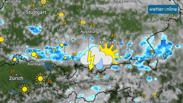 In Süddeutschland sind die Gewitter in einer Linie hintereinander in einer Reihe.