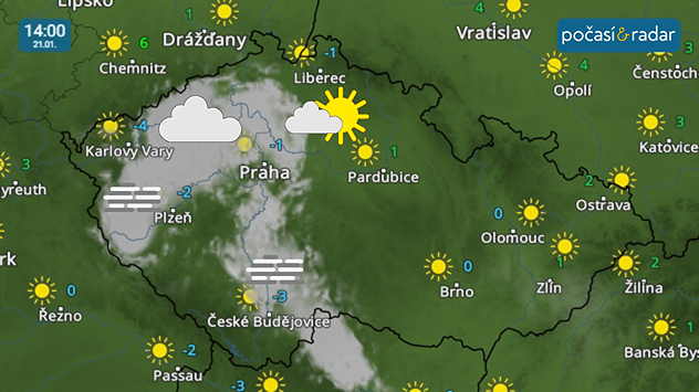 Meteoradar, screenshot, 21. 1. 14:00: Od středy v Česku začne přibývat, zejména v jihozápadní polovině Čech, míst s mrznoucími mlhami a nízkou oblačností.
