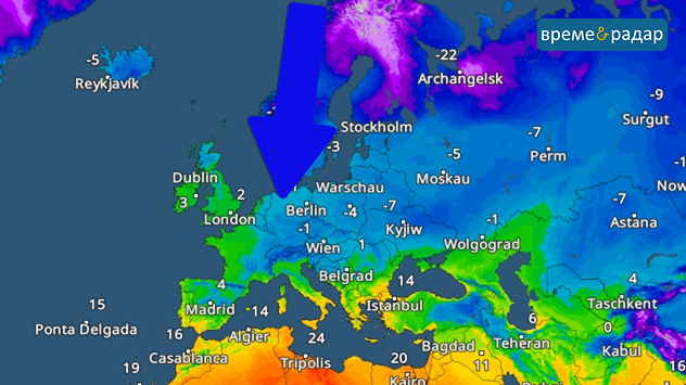 Карта на времето в Европа със стрелка, показваща притока на студен въздух към Централна Европа. Ниски температури над Северна и Източна Европа, по-мек въздух на юг.