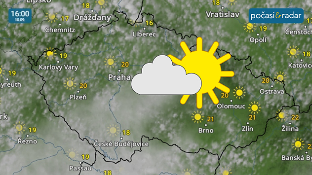 Meteoradar, screenshot, 10. září 16:00: Ve čtvrtek opět dojde k projasnění oblohy, teploty však zůstanou nižší - denní maxima zůstanou většinou kolem 20 °C.