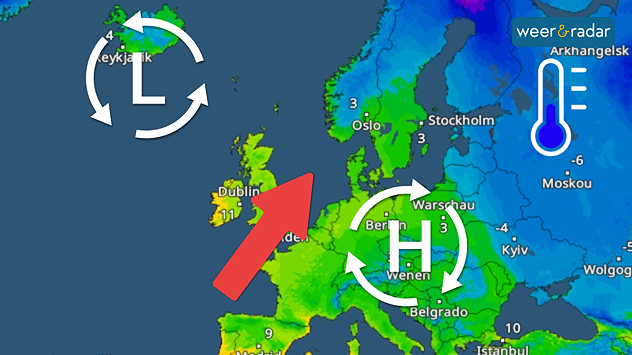 De Europese temperatuurkaart toont zachte lucht, die door actieve depressies op de oceaan ver Europa ingeblazen wordt. Winterweer vinden we alleen in delen van Scandinavië, de Baltische Staten en Rusland.