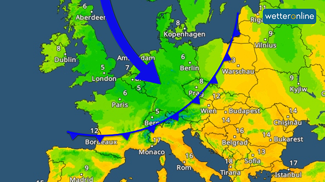 Temperatuurradar voor Europa. Er is een koufront en een blauwe pijl aangegeven.