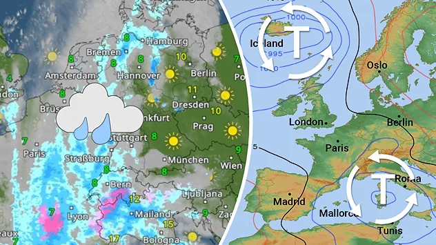 Karte Europas mit WetterRadar und Druckverteilung. Regen im Westen, Sonne im Osten. Tiefdruckgebiete bestimmen die Großwetterlage.