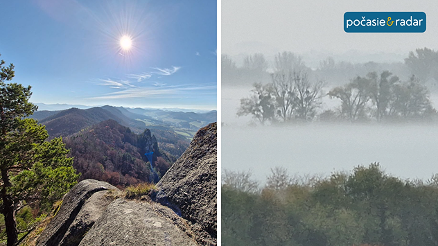Rozdelený obrázok - vľavo slnečné počasie na horách, vpravo hmla v dolinách.