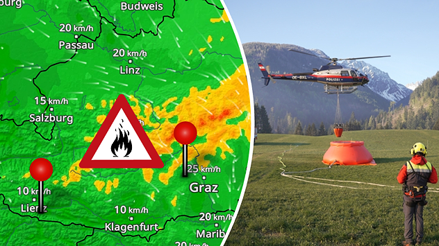 Wetterkarte mit Waldbränden im Süden Österreichs und Foto eines Löschhubschraubers im Einsatz. Markierte Waldbrandgebiete sichtbar.