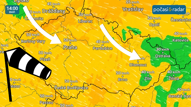 Větrný radar, screenshot, 23. 7. 14:00: Počasí těchto dnů v Česku určuje chladnější severozápadní proudění. Přechodně nás čeká i silnější severozápadní vítr.