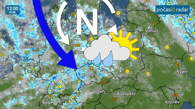 Screenshot Meteoradar, pátek 1. srpna 12:00: Česko se nadále nachází v chladném a vlhkém severozápadním proudění, které sem proniká kolem tlakové níže se středem nad jižní Skandinávií.