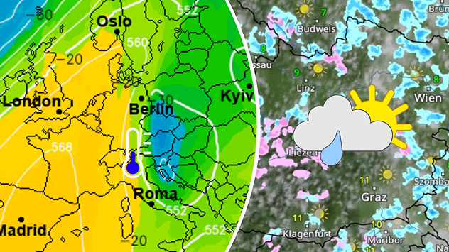 Links: Auf einer Europakarte sind die Temperaturen und der Luftdruck in 5500 Meter Höhe zu sehen. Von Tschechien über Österreich bis nach Kroatien erstreckt sich ein Bereich mit deutlich kälterer Luft im Vergleich zur Umgebung. Rechts: Eine Wetterkarte von Ostösterreich zeigt am Dienstag tagsüber neben etwas Sonne ein paar Regen- und Schneeschauer.