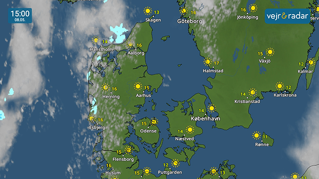 VejrRadar over Danmark kl. 15.00 den 8. maj med solrigt forårsvejr og temperaturer omkring 14 til 17 grader.