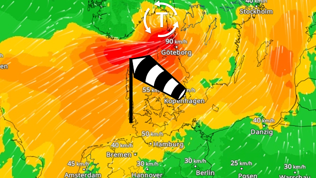 Am Rande eines Tiefs über dem Oslofjord weht ein starker bis stürmischer Wind über der Nordsee.