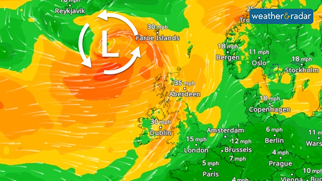 Wind map showing the UK and Ireland showing an area of low pressure to the north-west which brings stronger winds to northern areas of the UK.
