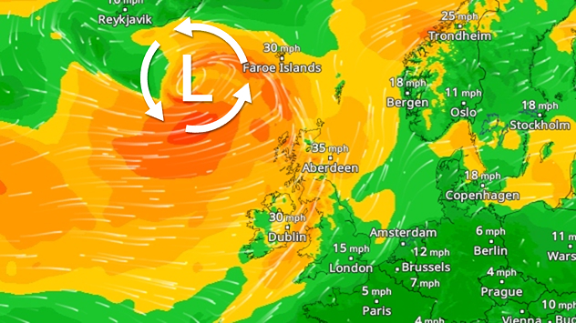 Wind map showing the UK and Ireland showing an area of low pressure to the north-west which brings stronger winds to northern areas of the UK.