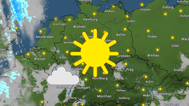 Wetterkarte mit viel Sonnenschein über Deutschland und Mitteleuropa, nur wenige Wolken im Südwesten und überwiegend freundlichem, trockenem Wetter.