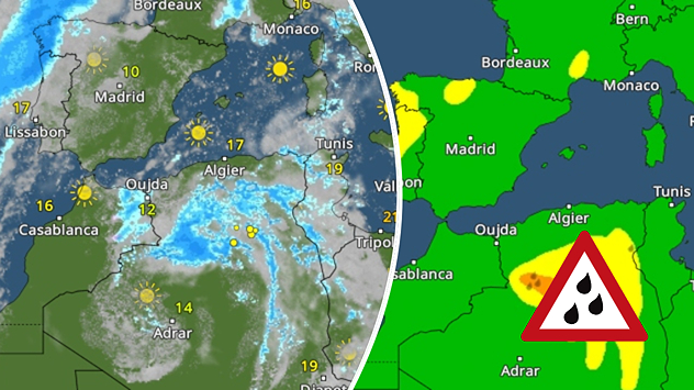 Radar météo avec nuages et averses au-dessus de l'Algérie et du Maroc. À côté, une carte d'alerte avec la zone de pluie marquée en Algérie. Régions environnantes principalement ensoleillées et sèches.