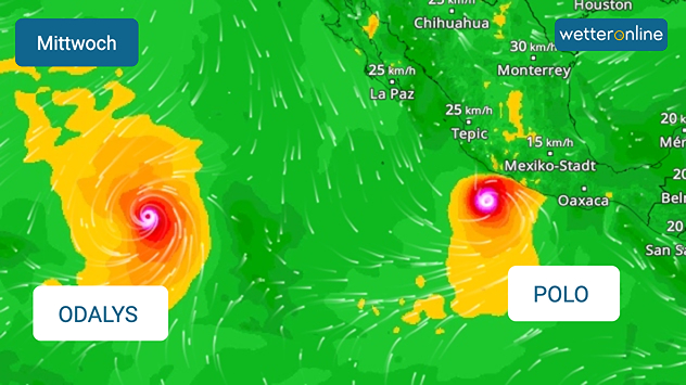 Meteorologická mapa západního Pacifiku a Mexika s předpovědí větru