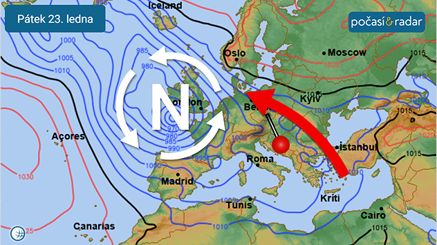 Předpověď synoptické situace nad Evropou na pátek 23. ledna: Počasí v Česku začíná od západu ovlivňovat oblast nízkého tlaku vzduchu.