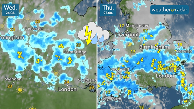 Split weather maps for Wednesday 26.08 and Thursday 27.08 showing showers and thunderstorms spreading across England and Wales, with frequent lightning around London and southeast England on Thursday.
