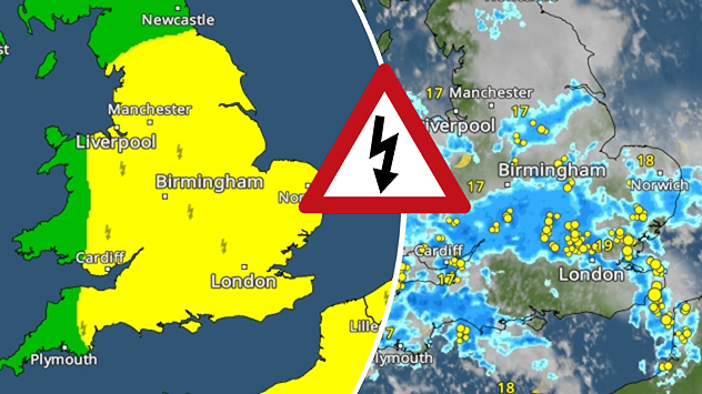 Split weather graphic showing a yellow thunderstorm warning across much of England alongside radar with heavy showers and frequent lightning around London and southeast England.