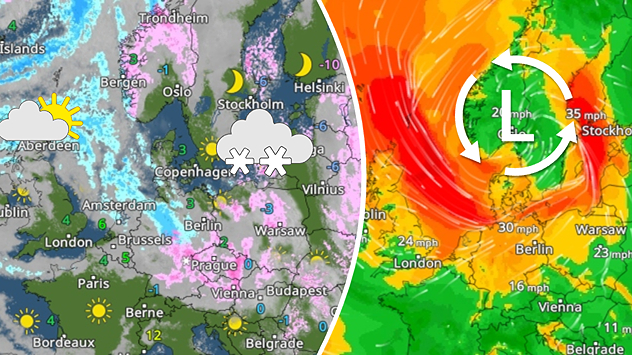 Weather radar for New Year's Eve shows snowfall in Central and Eastern Europe (left) and wind radar with strong winds on New Year's Day (right)