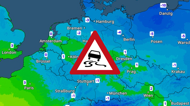 Wetterkarte von Deutschland mit Frostwerten und Symbol für Straßenglätte. Weite Landesteile zeigen Temperaturen um oder unter null Grad.