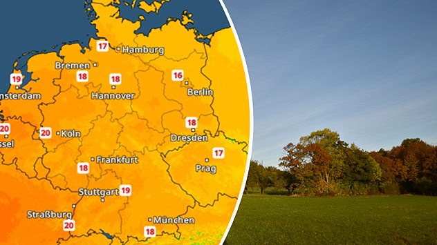 TemperaturRadar mit 16 bis 20 Grad in Deutschland, daneben eine sonnige Wiese mit herbstlich gefärbten Bäumen.