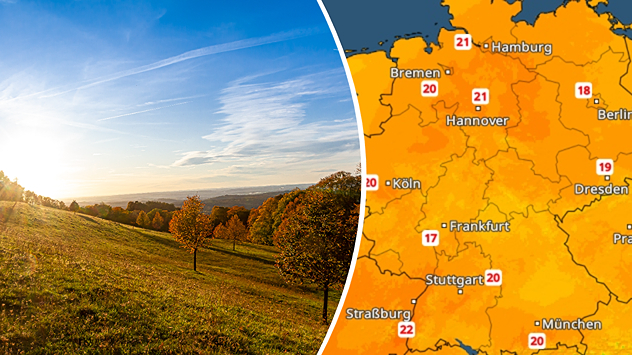 Links eine hügelige Landschaft im Herbst, rechts das TemperaturRadar für Deutschland