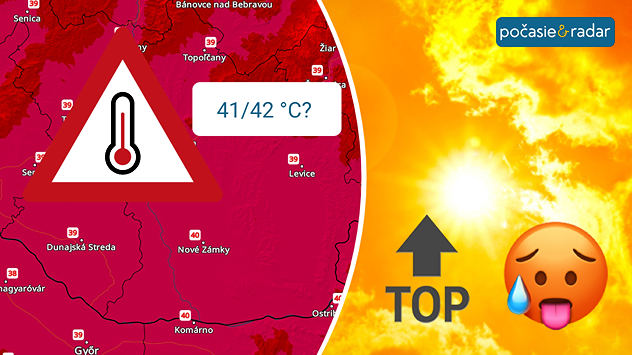 Koláž extrémnych horúčav na Slovensku s výstražným symbolom, otáznikom pri teplotách 41/42 °C a silným slnkom