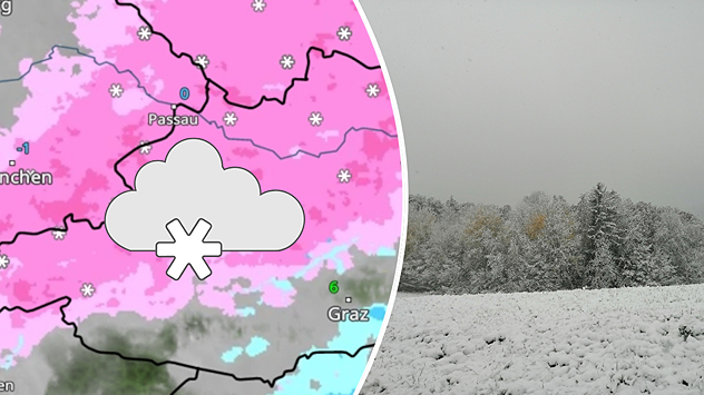 Links: Eine Wetterkarte für Österreich zeigt im Norden Schneefall in pink, während es im Süden Regen ist. Rechts: Eine Wiese und ein Nadelwald sind mit Schnee angezuckert.