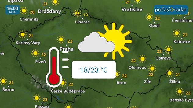 Meteoradar, screenshot, 6. října 16:00: První polovina nového týdne do Česka přinese pokračování teplého a slunného počasí.