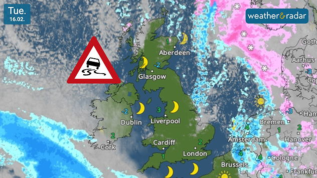 Weather map dated Tue 16.02 showing the UK with mostly clear skies and subzero temperatures in places, a slippery road warning icon over Northern Ireland, and rain and snow bands to the east.