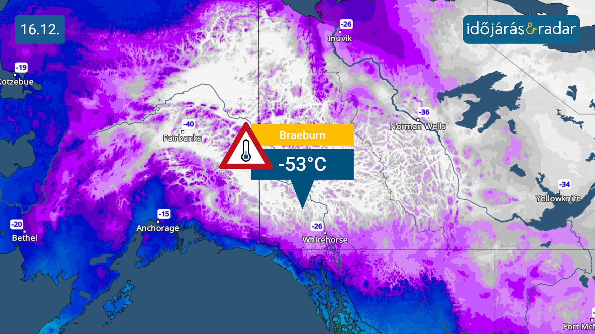 Az időjárási térkép rendkívül alacsony hőmérsékleteket mutat Kanadában.