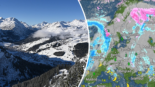 Gedeeld beeld van een winters Alpenlandschap en een Europese weerkaart met sneeuw- en regenvelden.