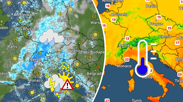 Weather maps show a sharp drop in temperature across Central Europe, accompanied by rain and thunderstorms.