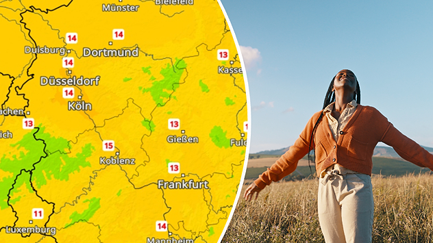 TemperaturRadar mit zweistelligen Werten in NRW und Hessen neben einer Frau im Feld mit ausgebreiteten Armen bei Sonnenschein.
